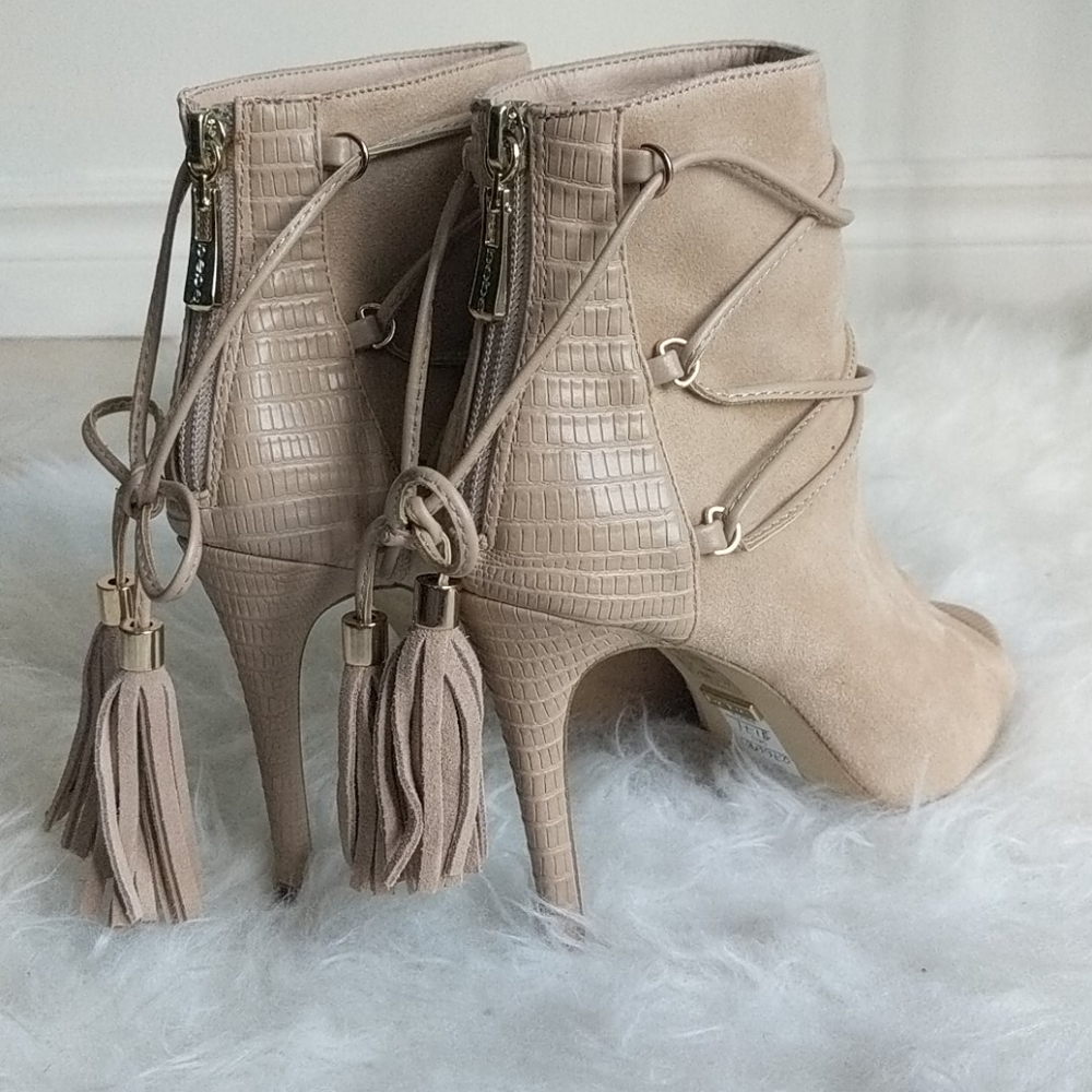 Nude Peep-Toe Faux Suede Bootie